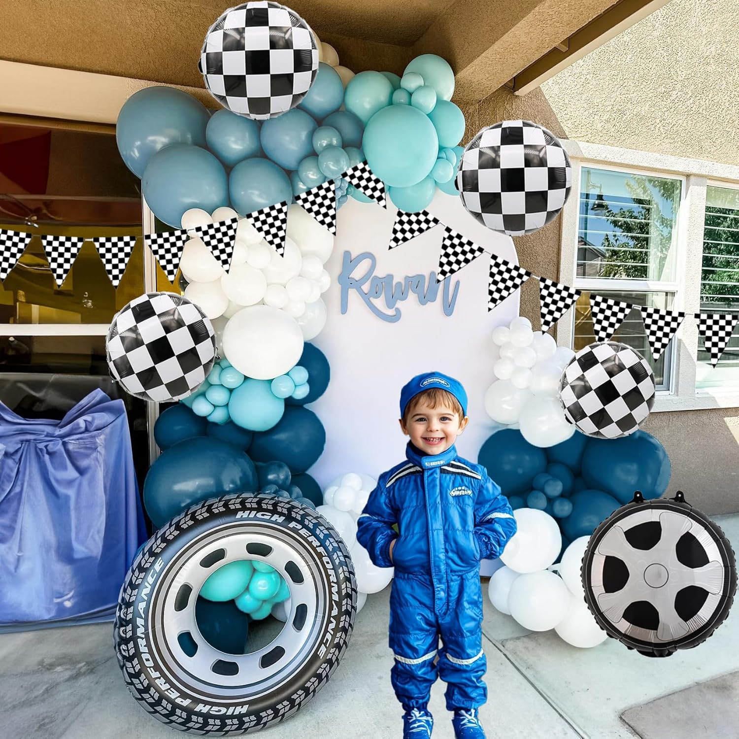 Race Car Balloon Arch Garland Kit 152Pcs Dusty/Peacock/Teal Blue and White Balloons with Wheel Checkered Foil Balloons and Checkered Flag Banner for Two Fast Birthday Party Decorations - Image 6