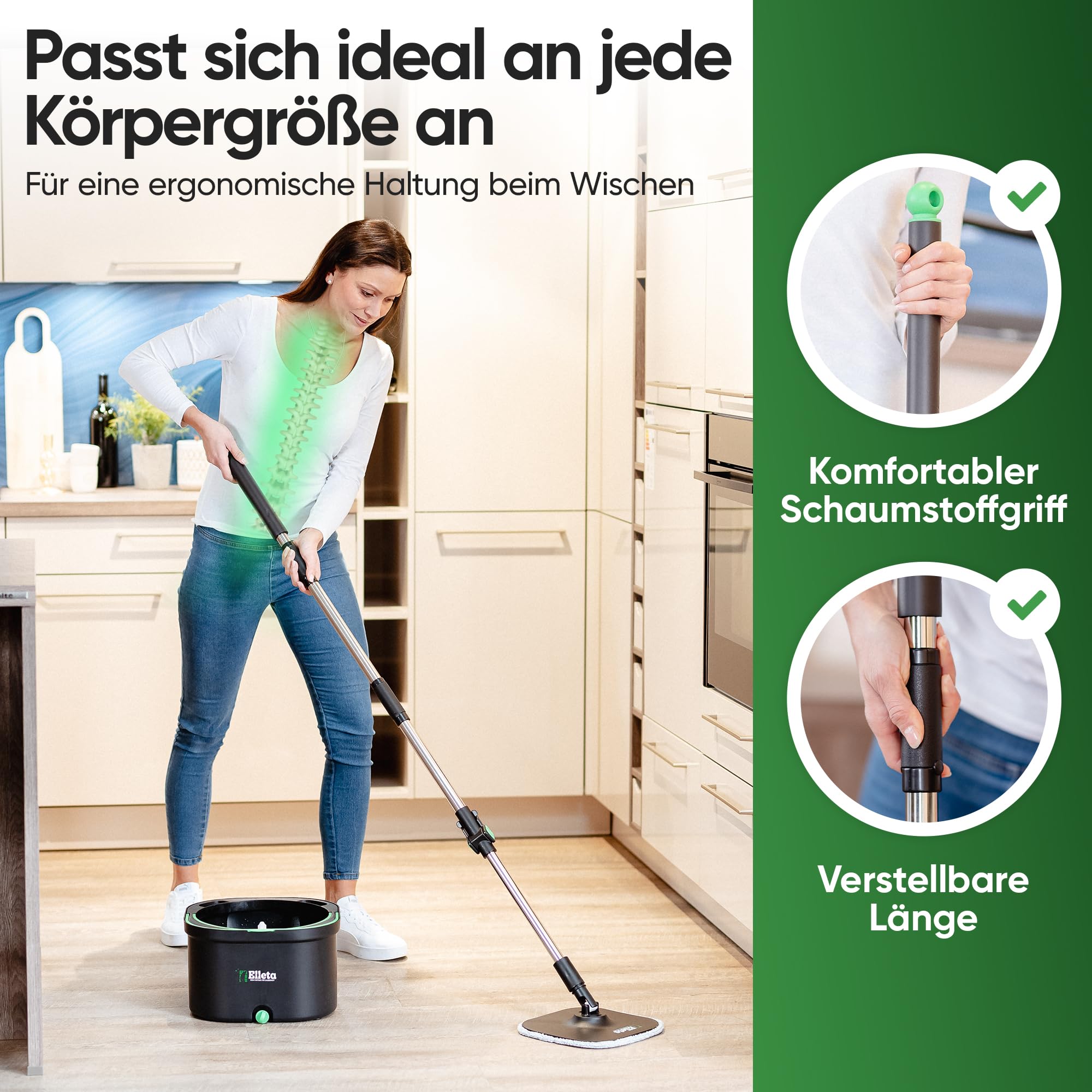 Wischmopp Set mit Eimer - 360° drehbarer Wischer für den Boden, Bodenwischer Mop Set & Wischeimer | Innovative Mikrofaser-Pads als Staub- & Schmutzmagnet, Wischmop & Putzeimer mit 2-Kammer-System