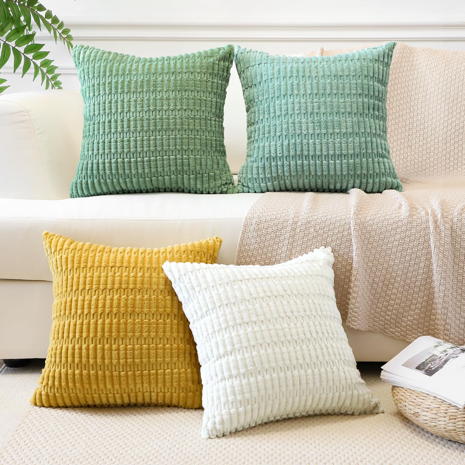 Sungeek Set of 4 Soft Corduroy Decorative Cushion Covers 50x50cm Square Striped Throw Pillow Covers for Sofa Couch Living Room Patio Farmhouse Boho Home Decor Pillowcases - Image 3