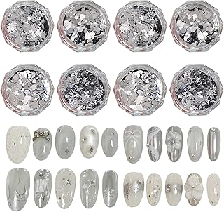 ネイル ホログラム 8ケース 星 ハート 丸 スパンコール 極薄 ジェルネイル ラメグリッター キラキラ シルバー 五芒星 ハート型 ラメ ホログラム レジン封入パーツ 顔 ボディ メイク ネイルアート デコパーツ ハンドメイド ネイル用品 バレンタインデー クリスマス 結婚式 DIY