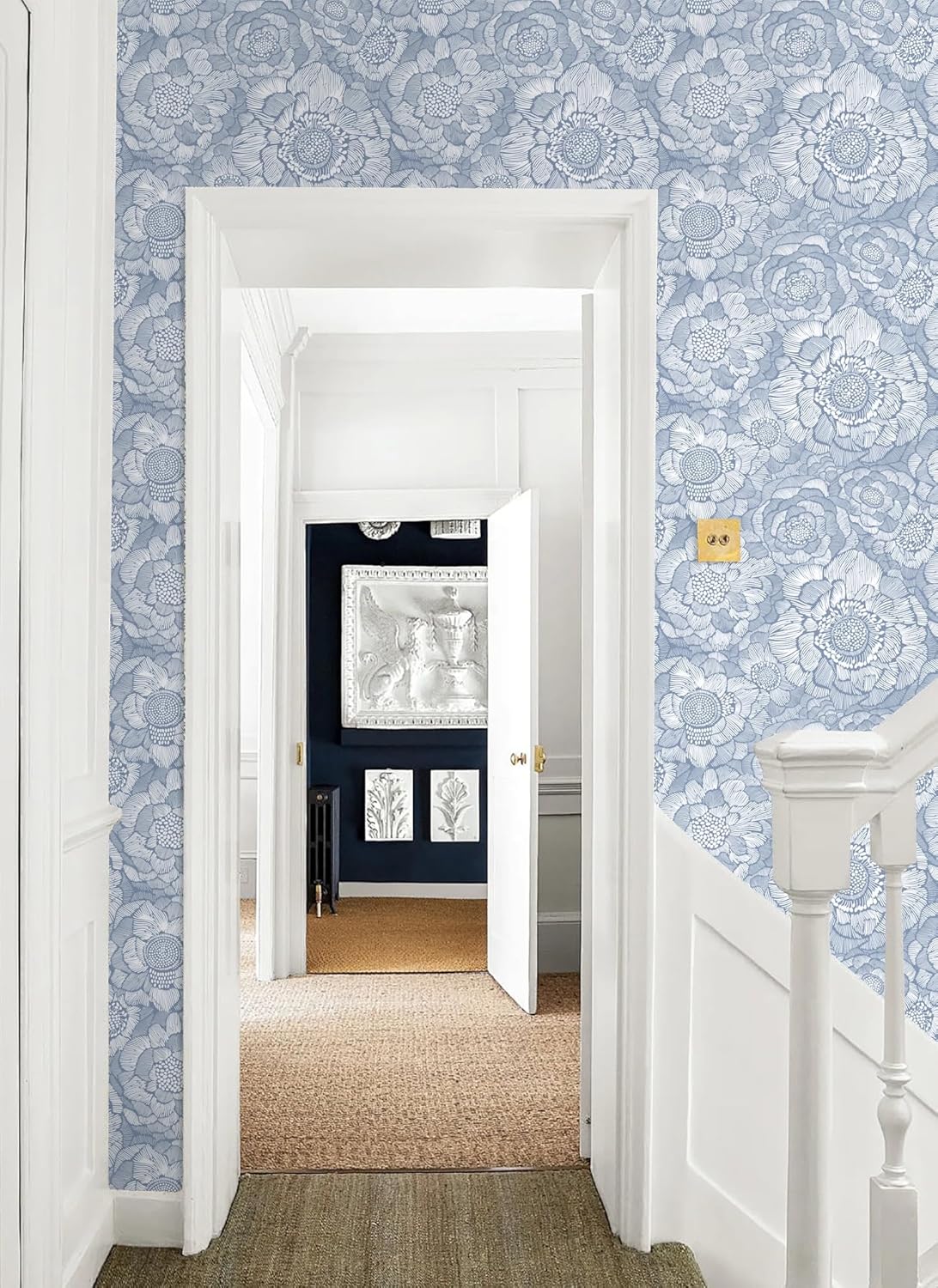 Hopepak Floral Peel and Stick Wallpaper Blue Flower Contact Paper Modern Wall Paper Self Adhesive Removable for Bedroom Bathroom Living Room Cabinets 17.3'' x 78.7''