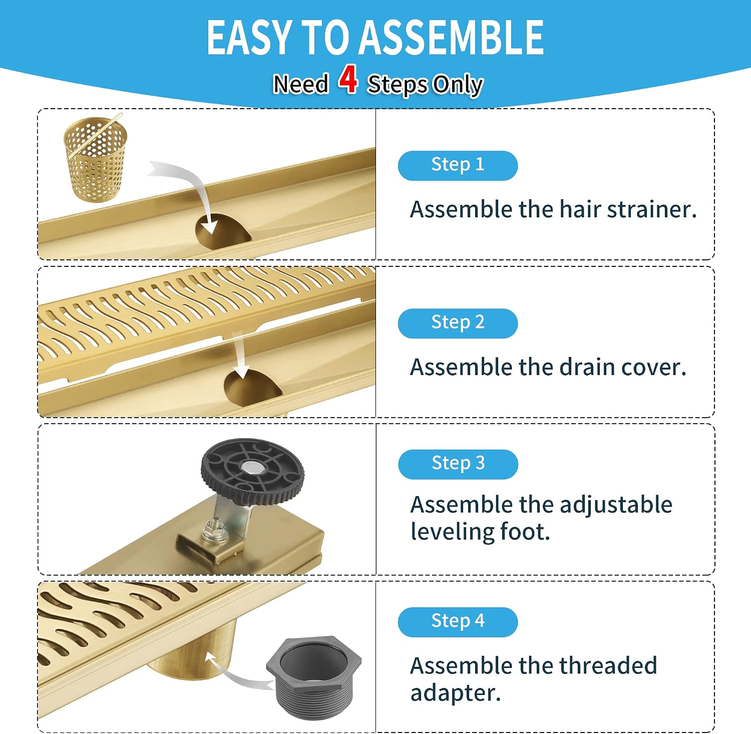 Linear Shower Drain 28 inch, Floor Drain with Removable Pattern Grate, 304 Stainless Steel Rectangular Linear Drain with Hair Strainer, CUPC Certified, Brushed Gold, SD-103