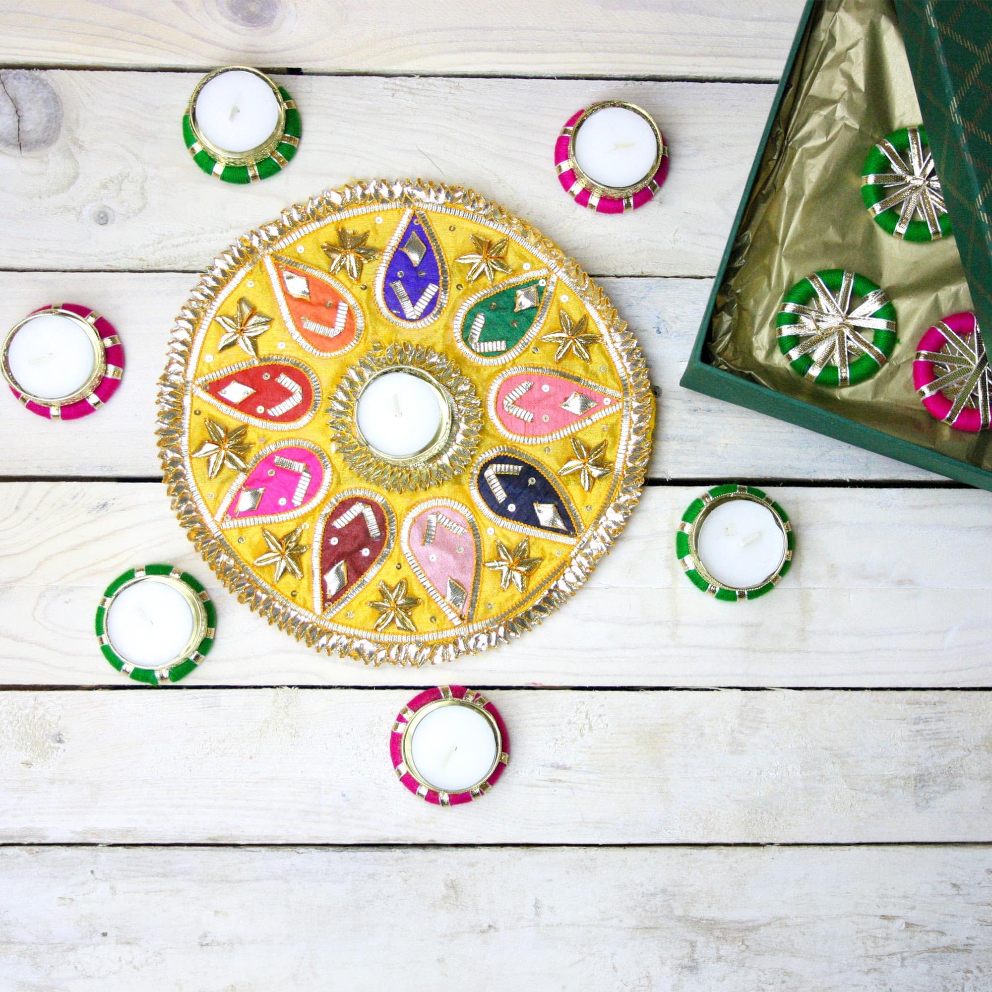 Emartbuy Traditional Handcrafted Gota Rangoli Diya Tea Light Candle Holder Set of 7