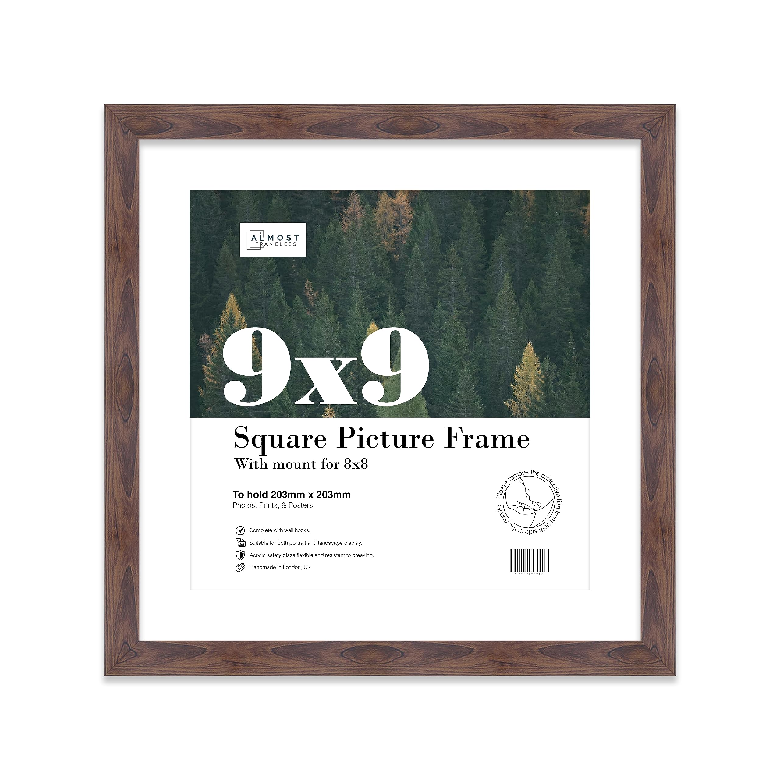 Almost Frameless 9x9 Picture Frame, Display Pictures 8x8 With Mat or 9x9 Without Mat, Wall Hanging & Free Standing Photo Frame, Walnut, 1 Pack