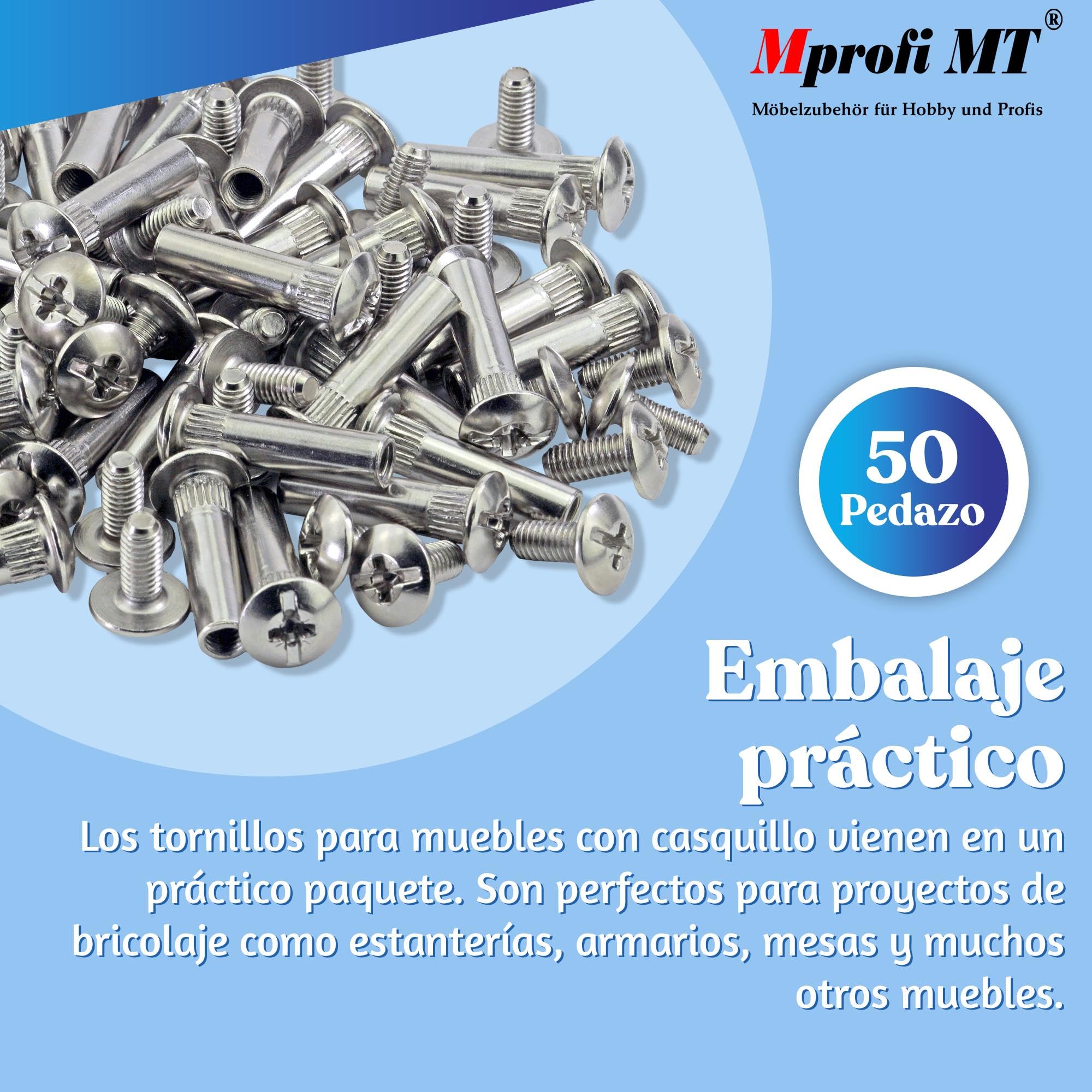 Mprofi MT® 50 Piezas | Tornillos de Conexión para Muebles M6 x 31–40mm | Conectores de Armario | Tornillos de Unión de Muebles | Fijación para Muebles | Totalmente Metálicos | Acero Inoxidable