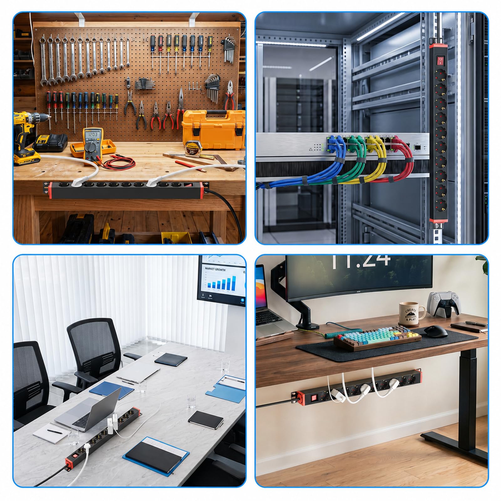 Regleta 10 Tomas con protección contra sobretensiones, Soporte 360° | Tomas a 45°, 16A/4000W, carcasa de aluminio, interruptor, cable 1,8 m, montaje en mesa, pared y bajo mesa
