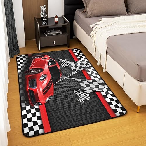 Miniatura 4 de Alfombra de área de coche de carreras de 3 x 5 pies, alfombra antideslizante roja para niños y niñas, adultos, alfombra decorativa de bandera a