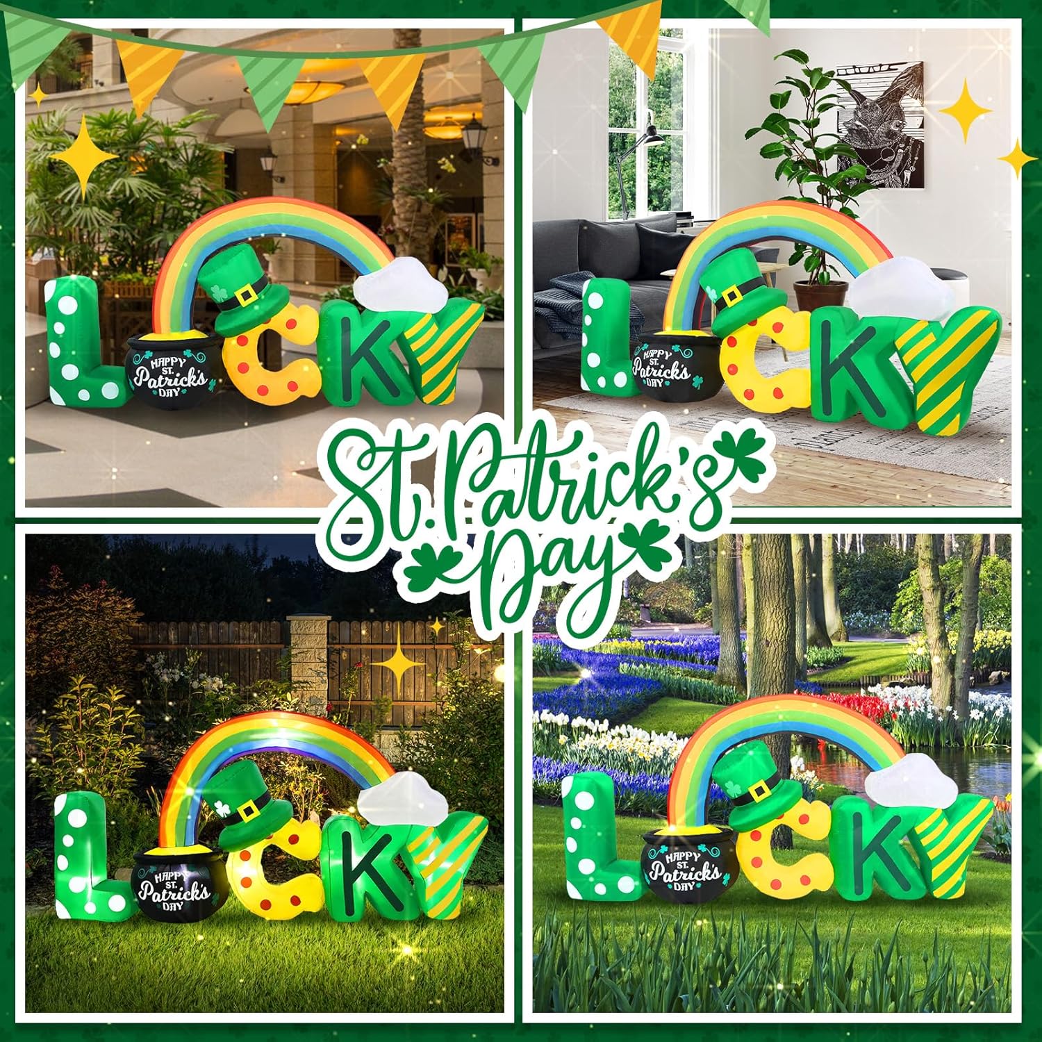 7FT Long St. Patrick's Day Inflatables Outdoor Decoration, Blow up Lucky Letters Yard Decor with Shamrocks Gold Pot & Rainbow, Built-in LED Lights St Patricks Holiday Decorations for Outside Garden