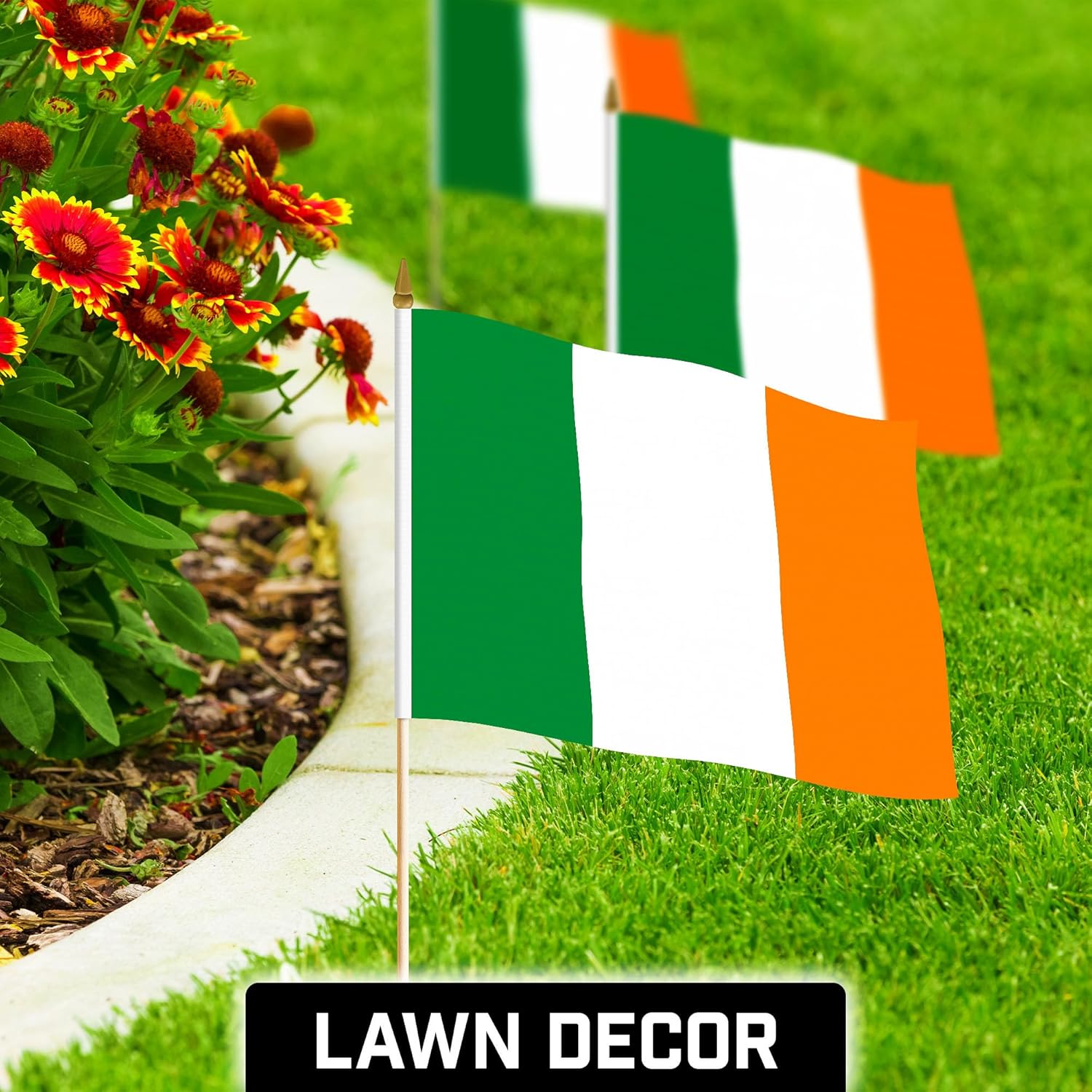 G128 12 Pack Handheld Ireland Irish Stick Flags | 12x18 In | Printed 150D Polyester, Country Flag, Solid Wooden Stick, Spear Gold Tip