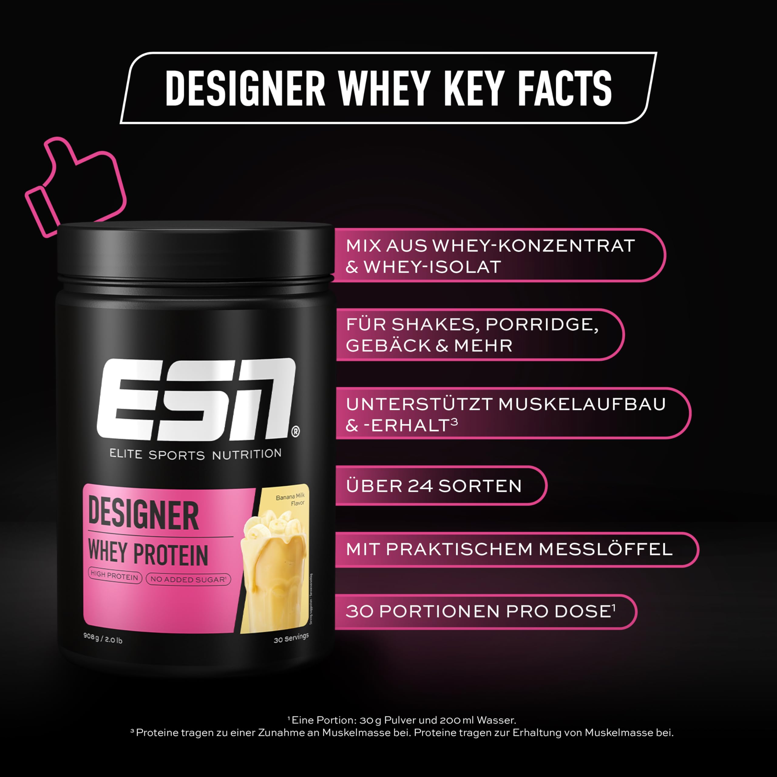 ESN Designer Whey, Banana Milk, 908 g Esn Designer Whey Protein Big Pack 2500 G Eiweißpulver Reich An Essentiellen Aminosäuren ' Eaas Sehr Gut Löslich 83 Portionen