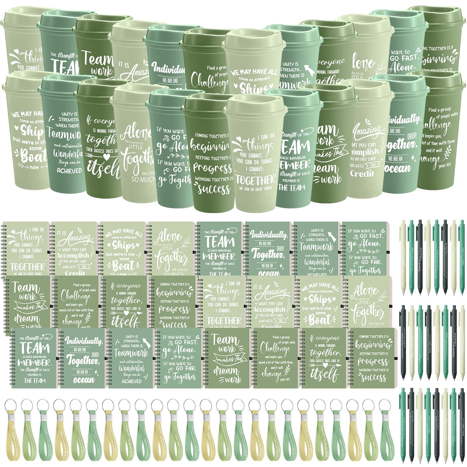 Skylety 24 Set/96 Pcs Team Appreciation Gift Set Inspirational Employee Appreciation Gift Bulk 16 oz Coffee Cups with Team Notebook Pen Keychains for Staff Teacher (Green Color)