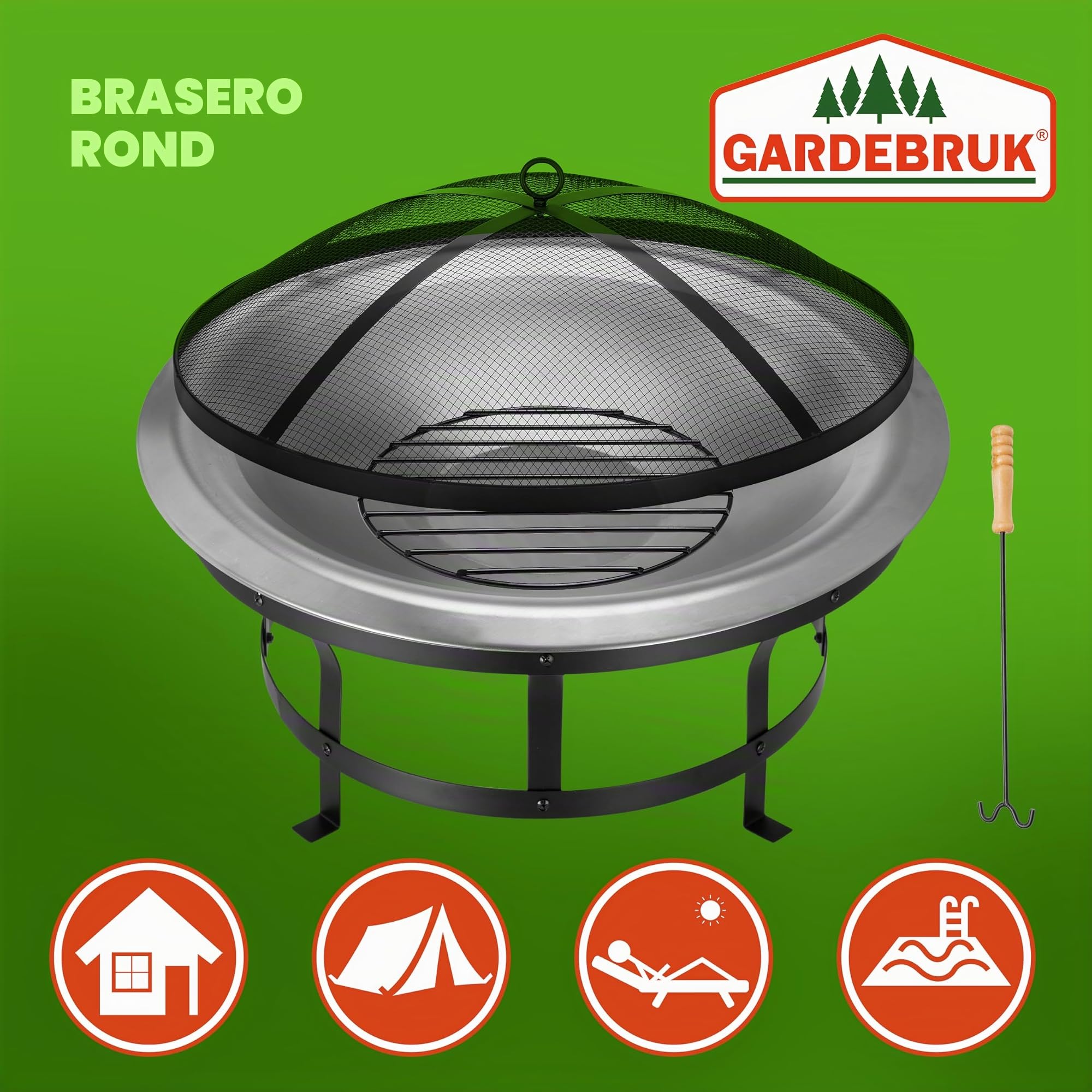 GARDEBRUK® Brasero de Jardin Rond 75 cm Acier Inoxydable avec Couvercle extérieur Jardin Grille Projections d'étincelles