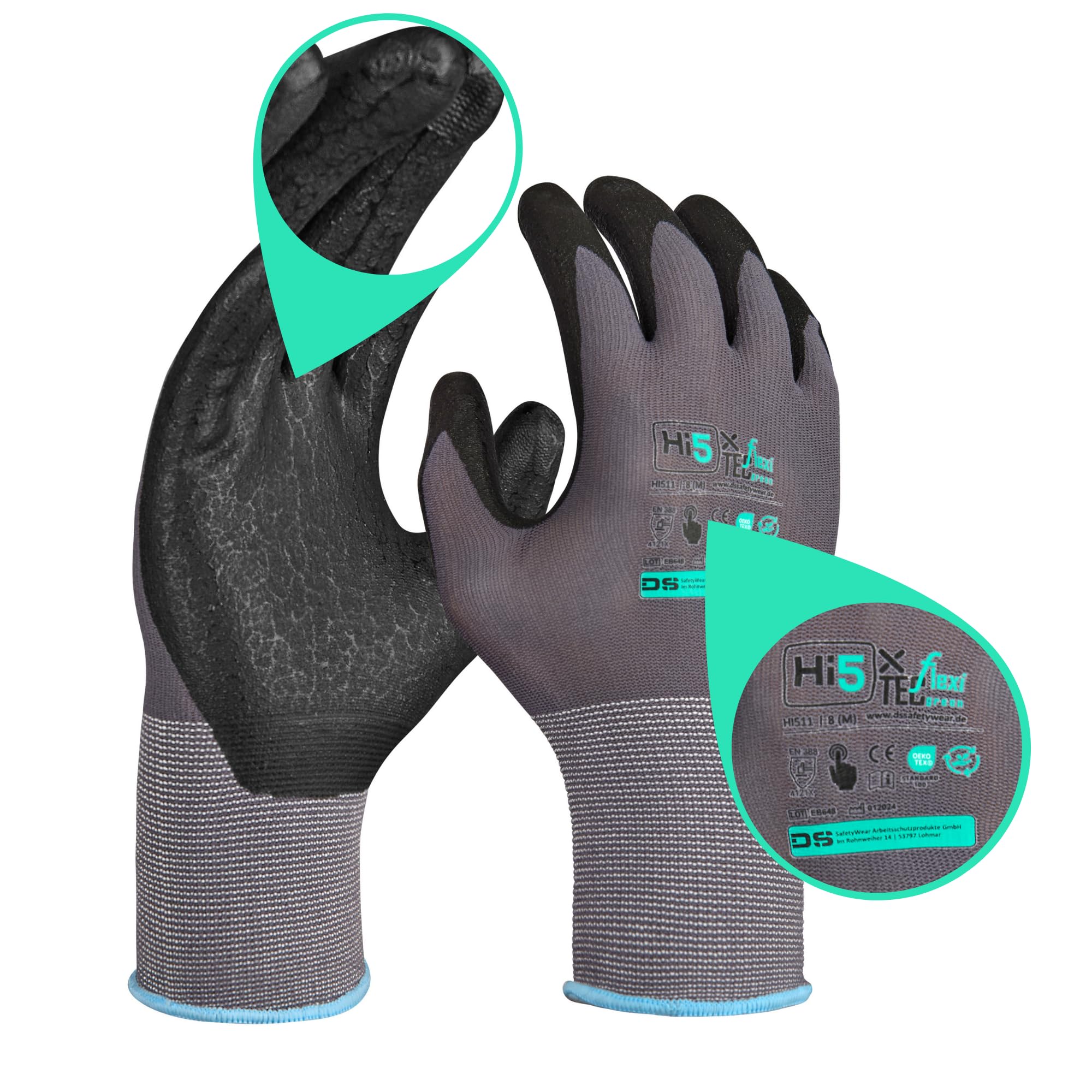Hi5 DS SafetyWear X-FlexiTec Arbeitshandschuhe 4121X – 15G Nylon/Spandex mit nitrilmikroschaumbeschichteter Handfläche – Touchscreen geeignet – grau/schwarz – EN 388 (120, XL)