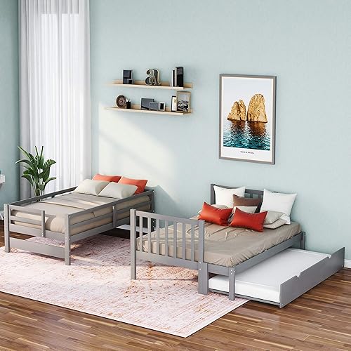 Miniatura 3 de Harper  Bright Designs Wood Bunk Bed Frame Twin Over TwinFull Bunk Bed with Trundle and Drawers Convertible Bunk Bed with Stairs and Guard Rail Gray