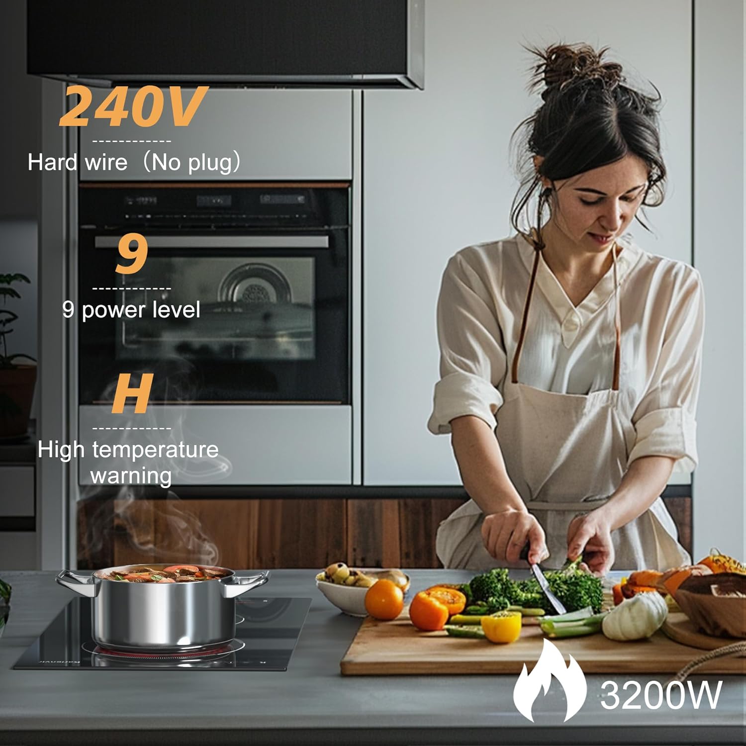 2 Burner Electric Cooktop 220V-240V, 12 Inch Electric Stove Built-in, 9 Power Levels Sliding Control, Electric Cooktop with Timer, Safety Lock, Extended Zone, 3200W, Hard Wire(No Plug)