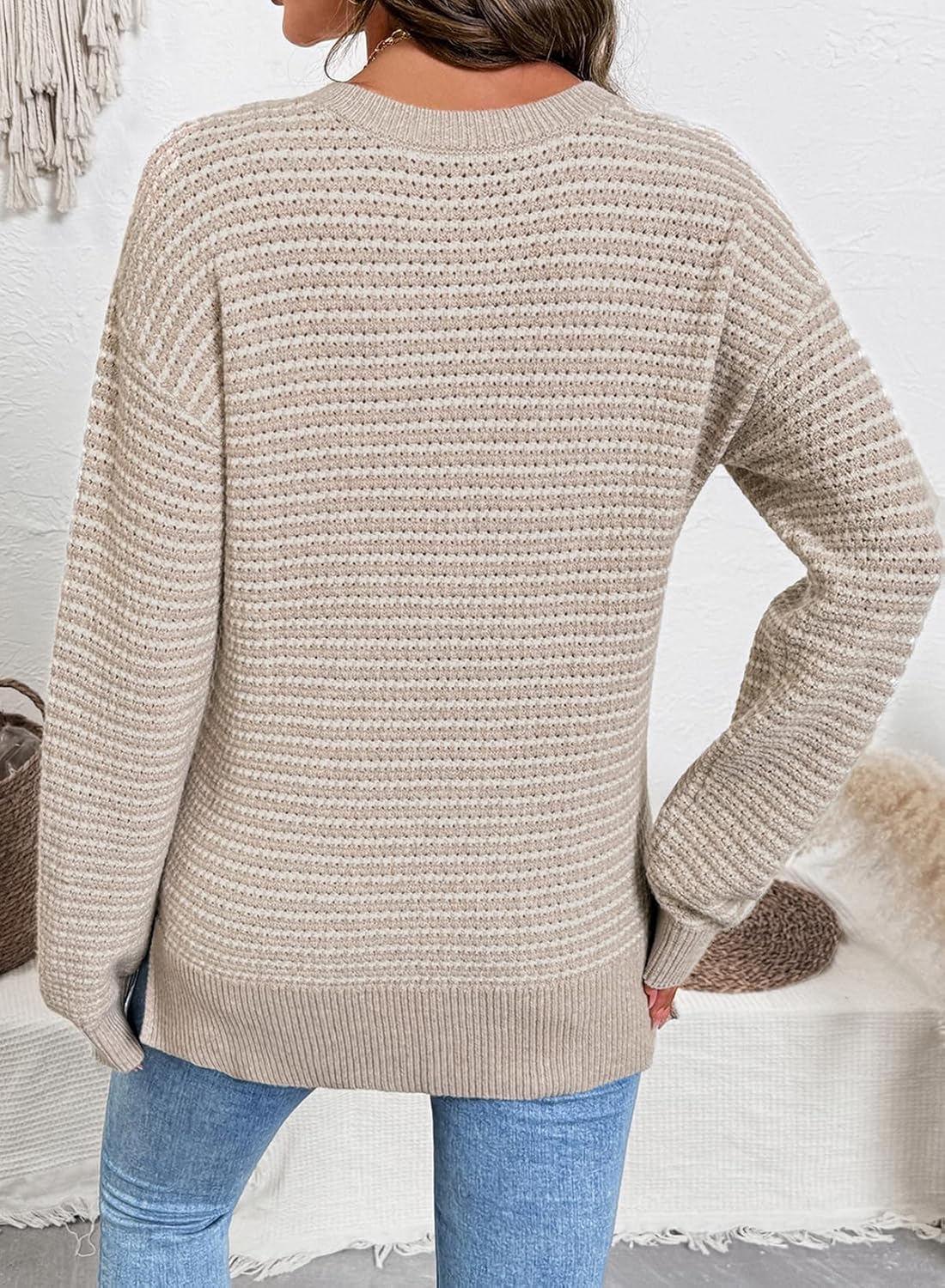 SHEWIN Womens Long Sleeve Crewneck Sweaters Casual Knit Striped Side Split Pullover Sweater Tops