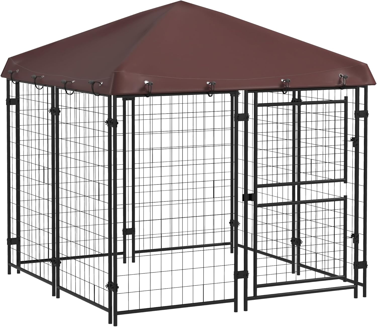 PawHut 4.6' x 4.6' x 5' Dog Kennel Outdoor with Waterproof Cover, Dog Playpen for Small and Medium-Sized Breeds, Chickens, Ducks, with Two Part Door Design, Brown
