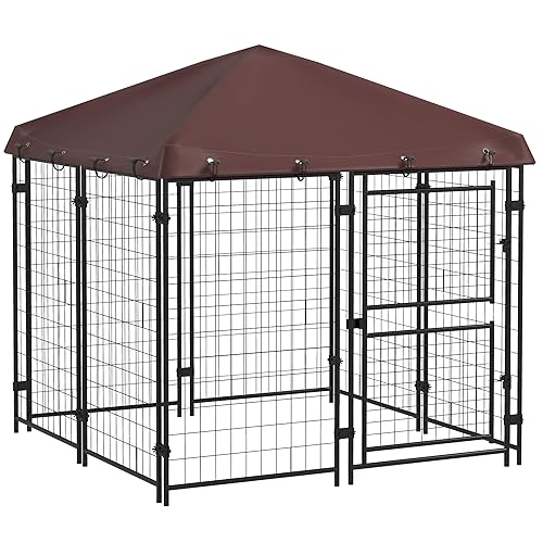 PawHut 4.6' x 4.6' x 5' Dog Kennel Outdoor with Waterproof Cover, Dog Playpen for Small and Medium-Sized Breeds, Chickens, Ducks, with Two Part Door Design, Brown