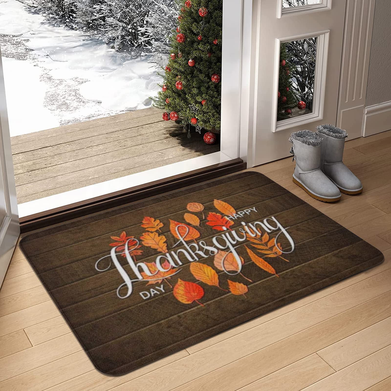 ERICAT Felpudo De Entrada,Hojas De Arce Otoñales Y Bayas Sobre Fondo De Madera Vieja,Alfombra Absorbente Para Atrapar,Alfombrilla Antideslizante, Pasillo,Dormitorio,50x80cm