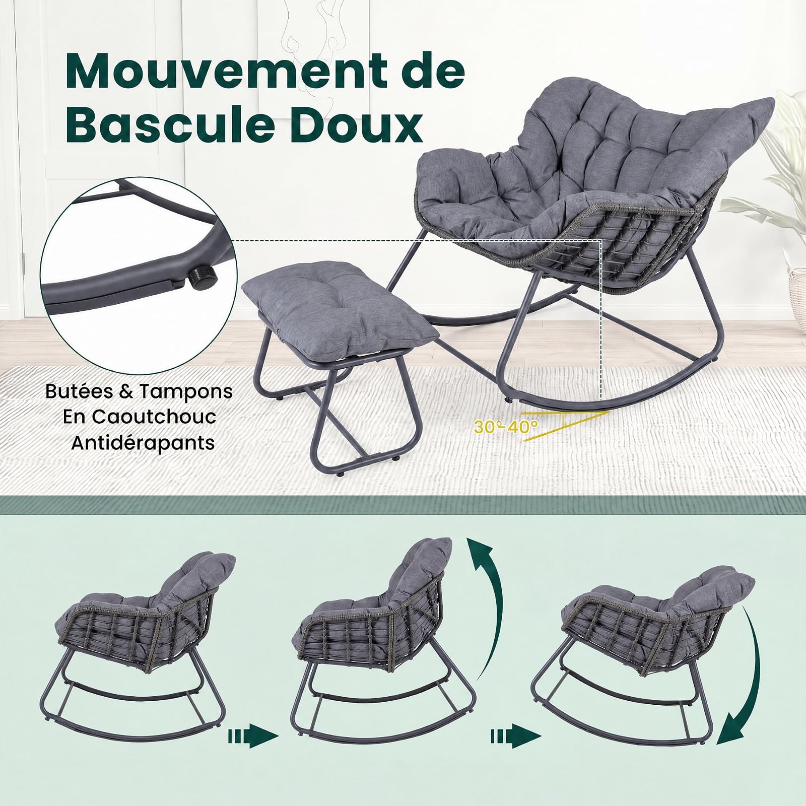 SOARS Fauteuil a Bascule en Rotin PE avec Repose-Pieds, Chaise a Bascule Surdimensionné avec Coussin Rembourré, Cadre en Métal, Charge 150KG, Rocking Chair en Forme d’Œuf Salon Jardin Balcon (Gris)