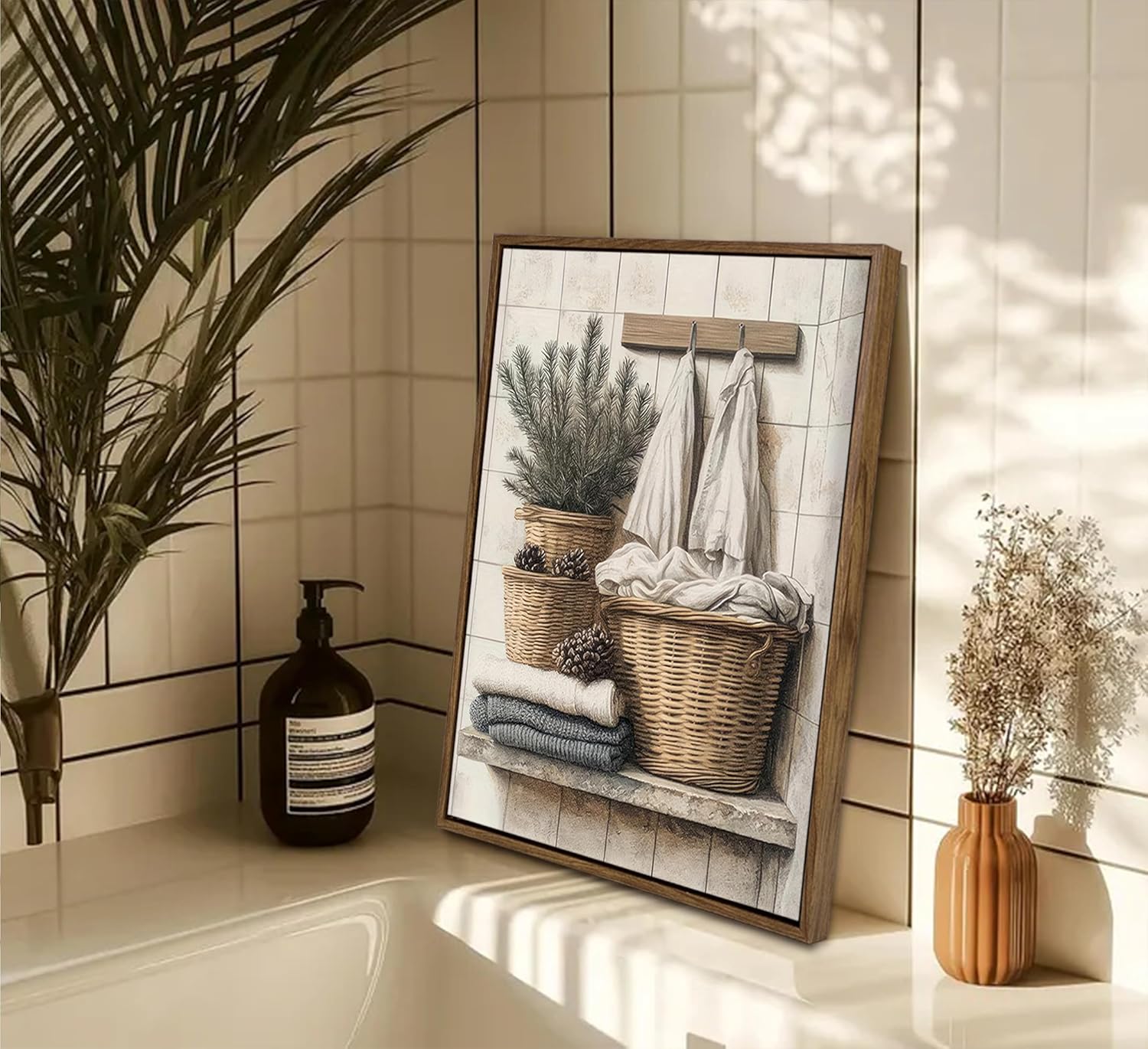 Framed Farmhouse Bathroom Counter Canvas Wall Art Rustic Neutral Towel And Plants Corner Painting Picture Wall Decor Relax Calm Poster Print Artwork for Washroom Laundry Living Room Home Decoration