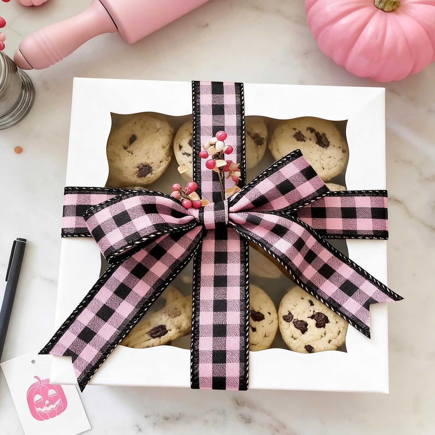 6 Rolls Halloween Wired Edge Ribbons, 24 Yard Ghost Boo Pumpkin Bats Polka Dots Ribbon, Pink Black Fabric Ribbon Rolls for DIY Crafts Gift Wrapping Party Home Decor Wreath Bow, 1.5inch
