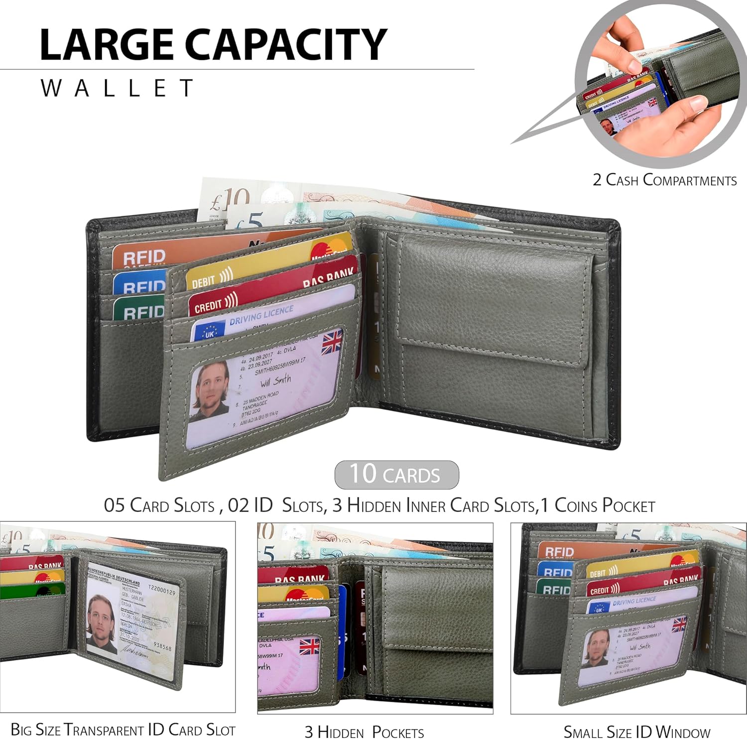 Men's RFID Blocking Genuine Nappa Leather Billfold Wallet Purse - Photo ID Holder - Coin Pouch Pocket With Gift Box 1216