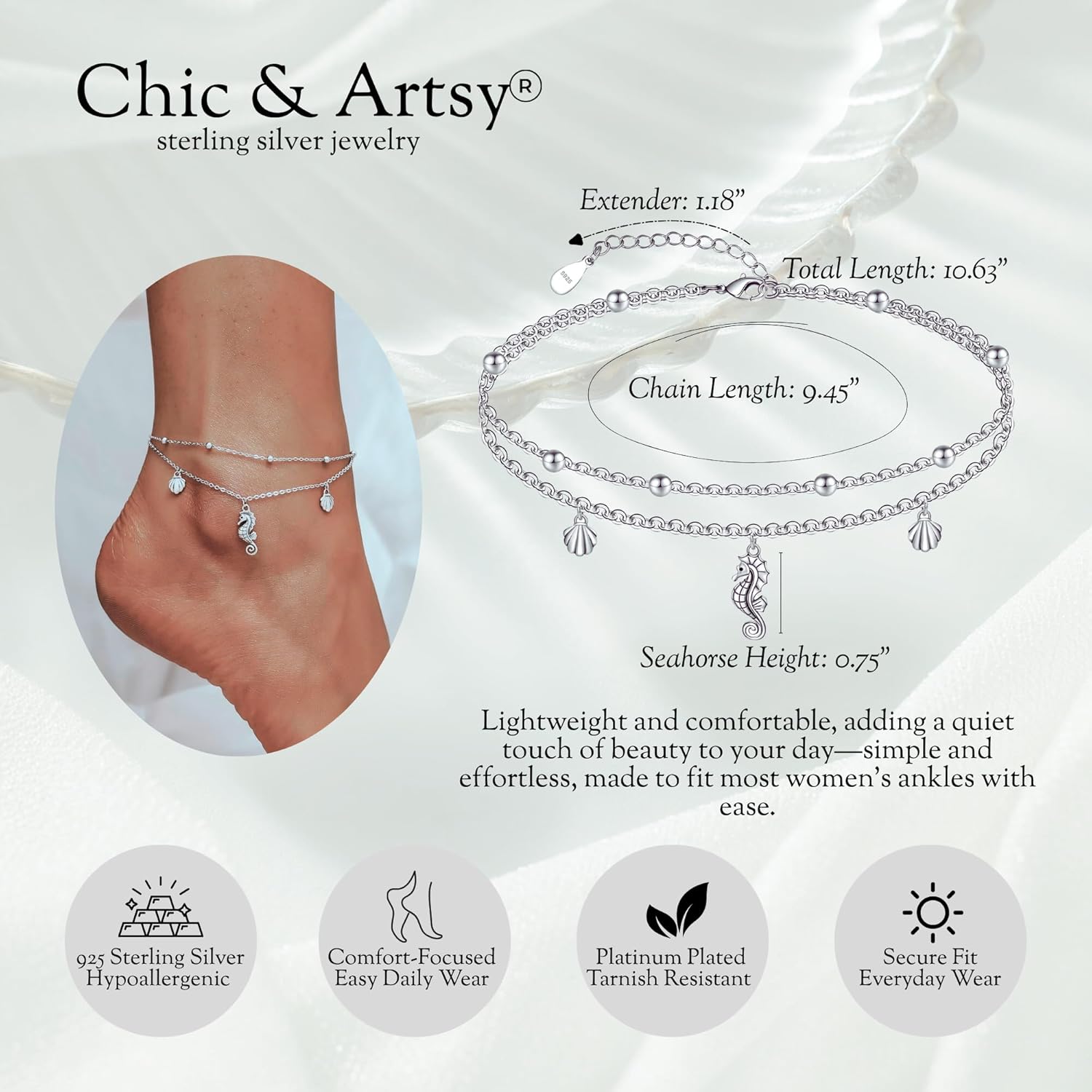 CHIC & ARTSY 925 Sterling Silver Ankle Bracelets for Women, Adjustable Layered Foot Chains with Nature & Symbol Charms, Lightweight Comfort Fit Boho Beach Everyday Jewelry - Image 5