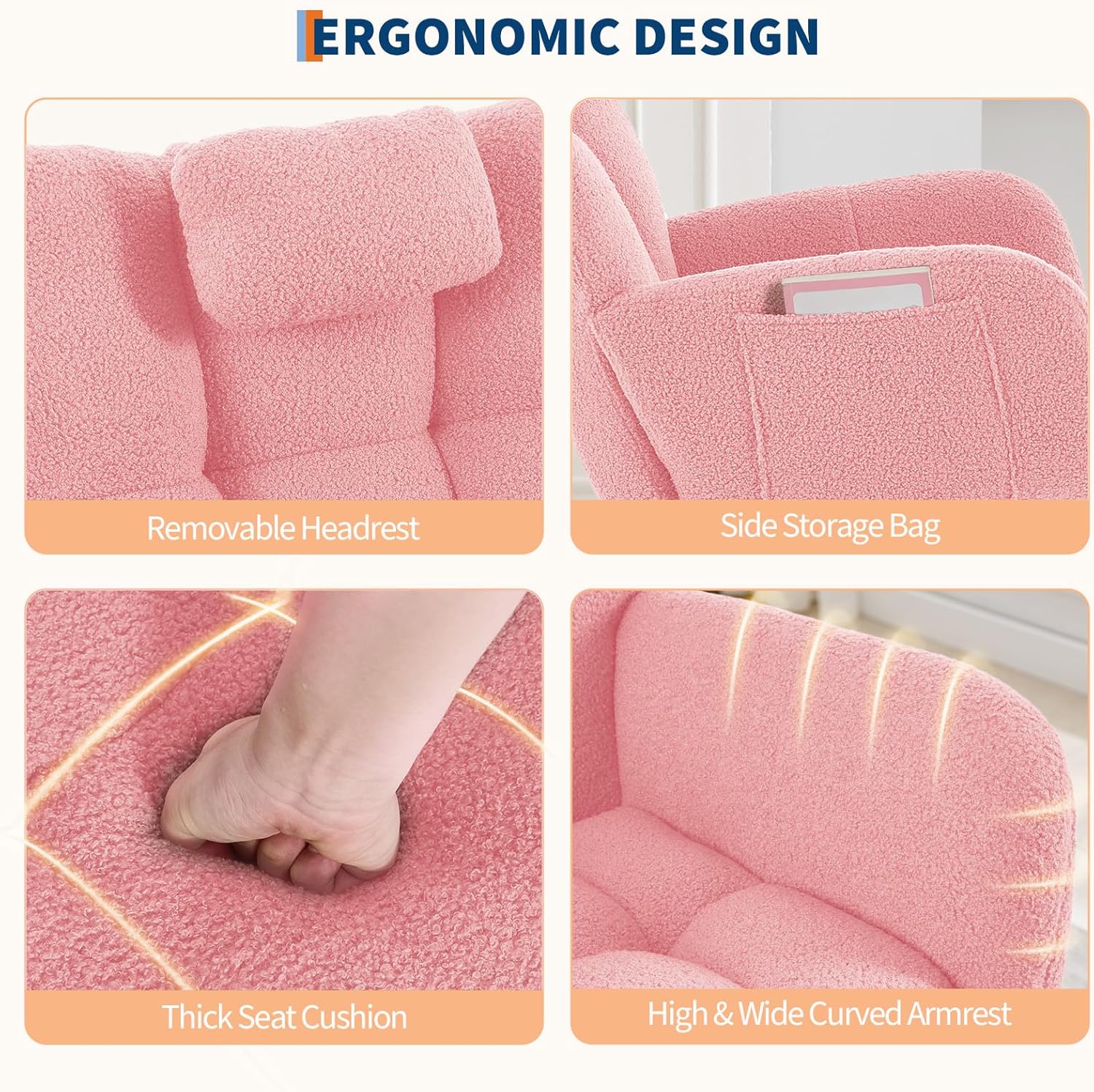 Upholstered Nursery Rocking Chair with Teddy Fabric, High Backrest and Padded Seat, Modern Accent Glider Recliner for Living Room, Bedroom and Reading Nook, Pink
