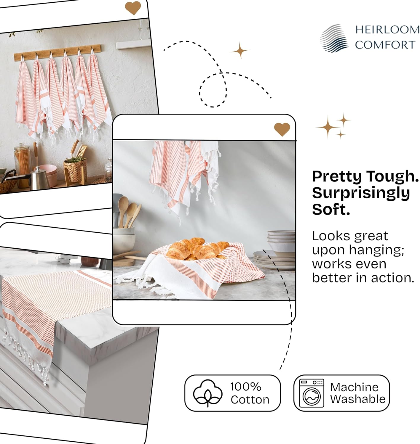 Orange Turkish Kitchen Towels 16x26 Inch, 3 Pack, 100% Cotton, Ultra Absorbent, Soft, Fast Dry, Machine Washable, Dish Towel with Tassels for Drying Dishes, Cleaning, Everyday Use - Image 6