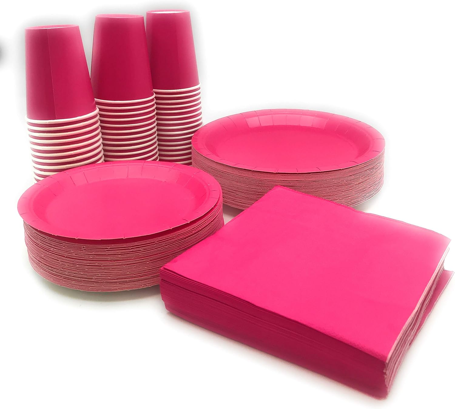 Serves 50 Complete Party Pack Disposable 9" Dinner Paper Plates 7" Dessert Paper Plates 9 oz Cups 3 Ply Napkins office parties, Birthday parties, festivals and much more (Pink)