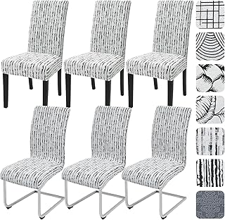 Alishomtll Stretch Stuhlhussen 6er Set Jacquard Stuhlbezug für Schwingstühle Universal Esszimmerstühle Bezug Waschbar Abnehmbar Stühle Schutz für Küche Bankett Hochzeit Party (Weiß Linie, 6pcs)