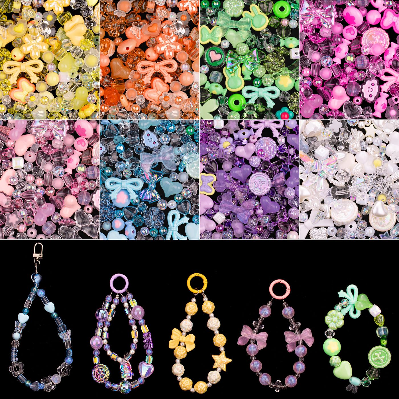 GUJOXILA Cute Acrylic Beads for Crafting Assorted Bead for Bracelet Keychain Phone Charm Jewelry Making Kawaii Flower Bow Heart Bracelet Beads 320g