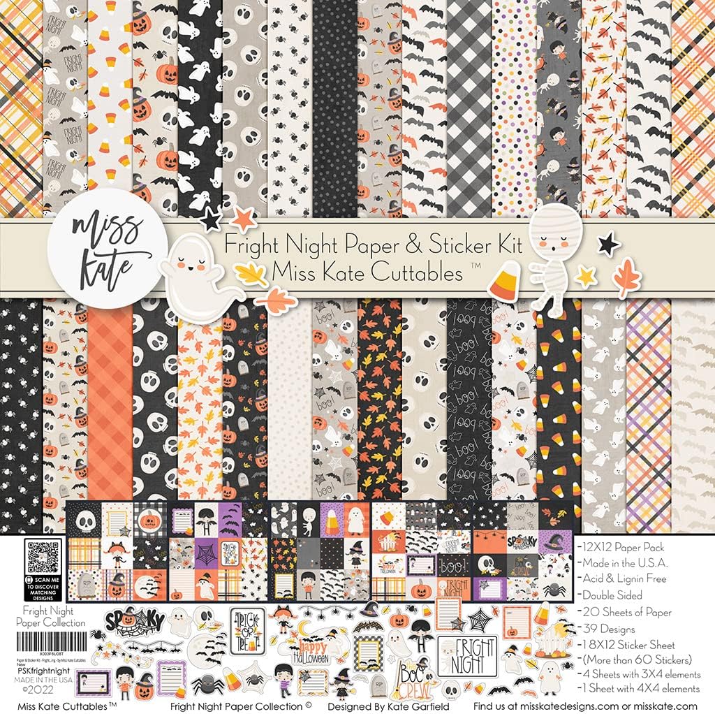 Miss Kate Cuttables Paper & Sticker Kit - Fright Night - Halloween Trick or Treat - 20 Double-Sided 12x12 Papers with 39 Designs & 1 8X12 Sticker Sheet - Scrapbooking Card Making Crafting