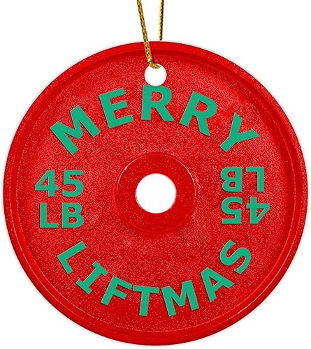 Adorno redondo de cerámica colgante de Navidad, divertido gimnasio con mancuernas blancas de cerámica para colgar recuerdos personalizables