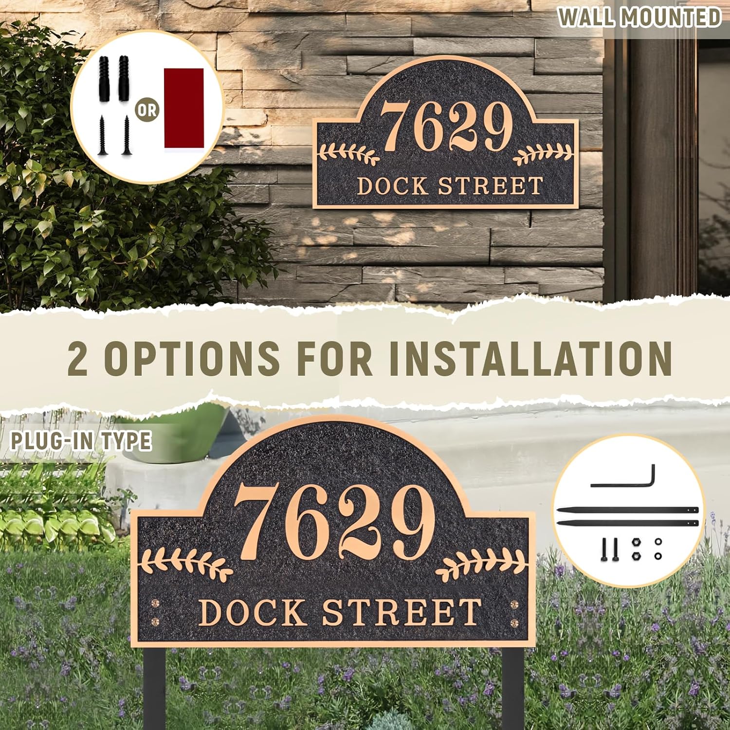 Address Plaques for House - LAWN MOUNTED,Engraved Metal with 2 Stakes Customized House Numbers Sign for Outside Store,Yard,Garage,Apartment, Arch Style(Black/Red Copper)
