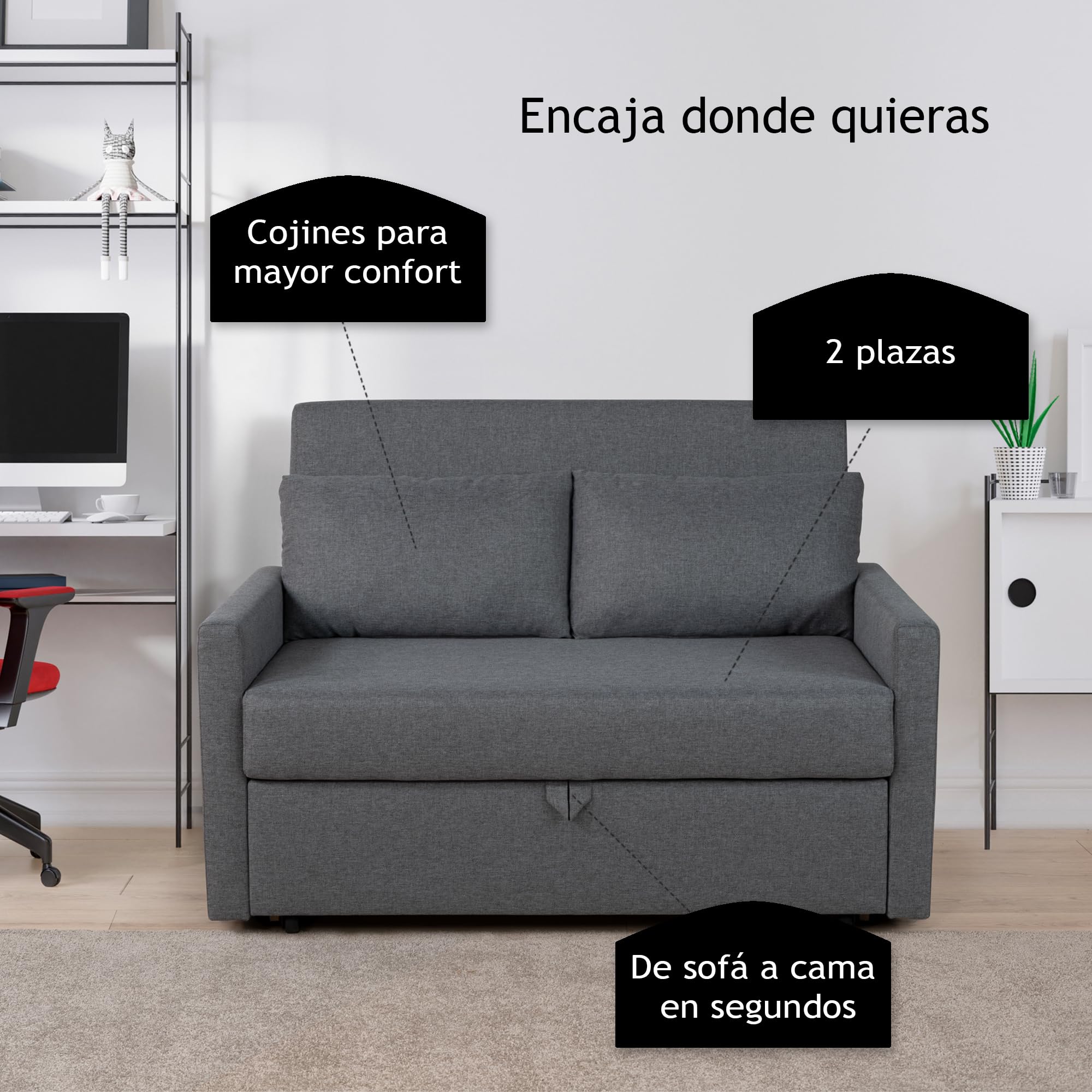 Sofá Cama 2 Plazas, Sillón Cama Plegable Convertible, Sofa Bed Double Matrimonio 132 cm, Extraíble y Extensible, Dos Plazas, Máxima Comodidad, Moderno y para Espacios Reducidos