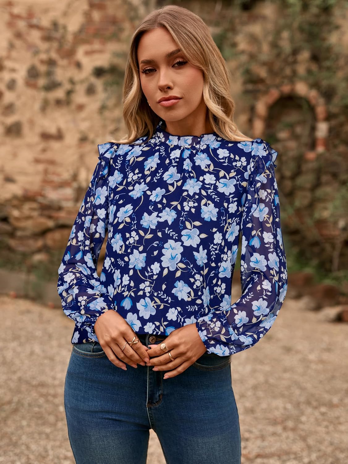 Simplee Womens Floral Boho Tops Trendy Ruffle Long Sleeve Blouses Fall Dressy Mock Neck Loose Casual Work Shirts - Image 2