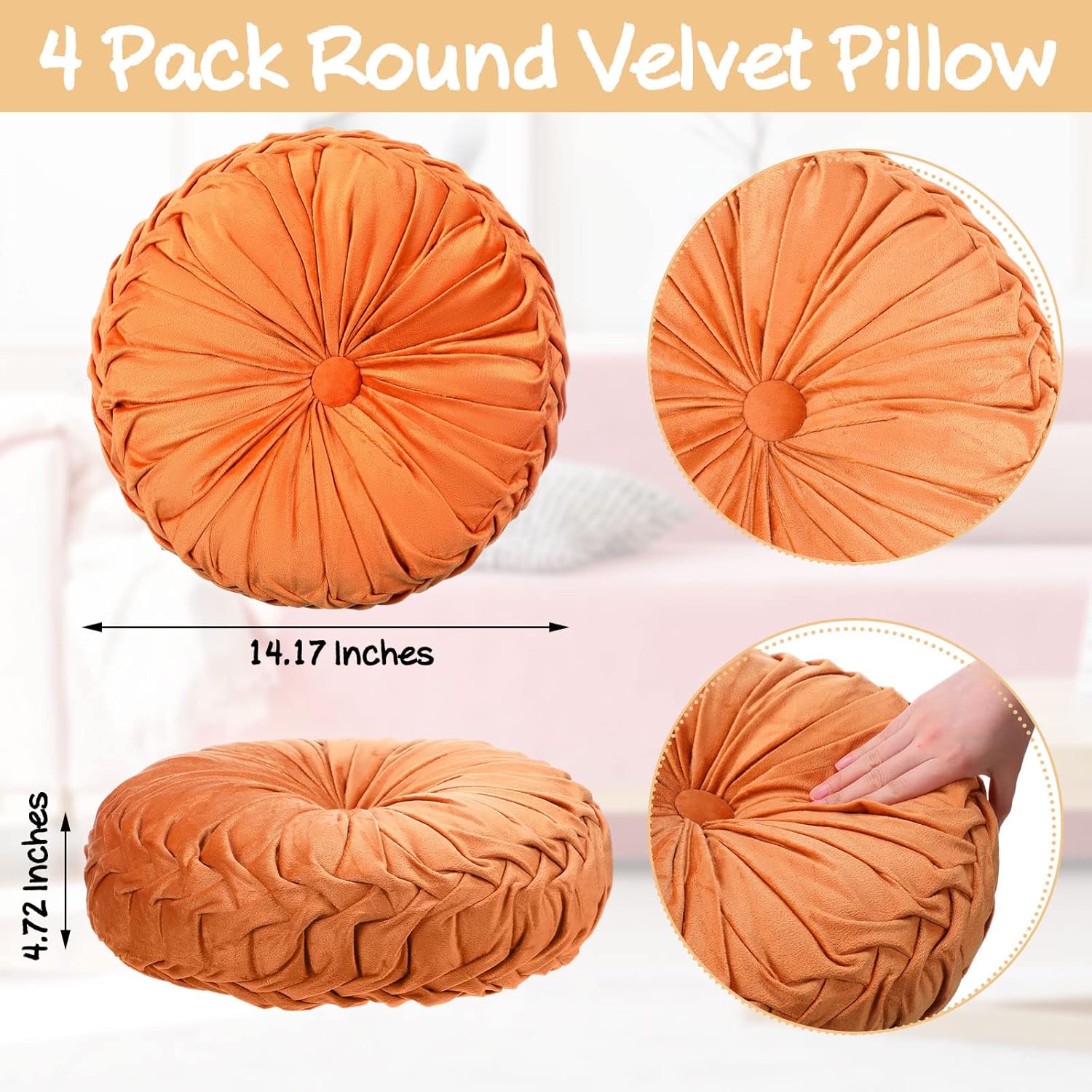 Kathfly Set of 4 Decorative Round Pleated Throw Pillows, Classy Velvet Pumpkin Round Throw Pillows, Decorative Floor Pillow for Bed Chair Home Sofa Decor, 14" Diameter(Colorful) - Image 2