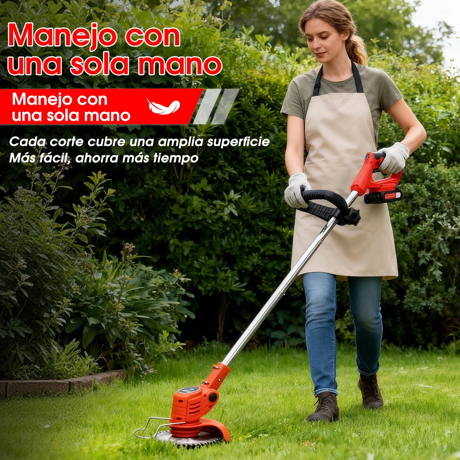 OUTIGO Desbrozadora a batería, desbrozadora eléctrica a batería, Equipada con 2 baterías y 4 Cuchillas, cortacésped Plegable de 800 W, Adecuado para Cortar el césped de Jardines y arbustos
