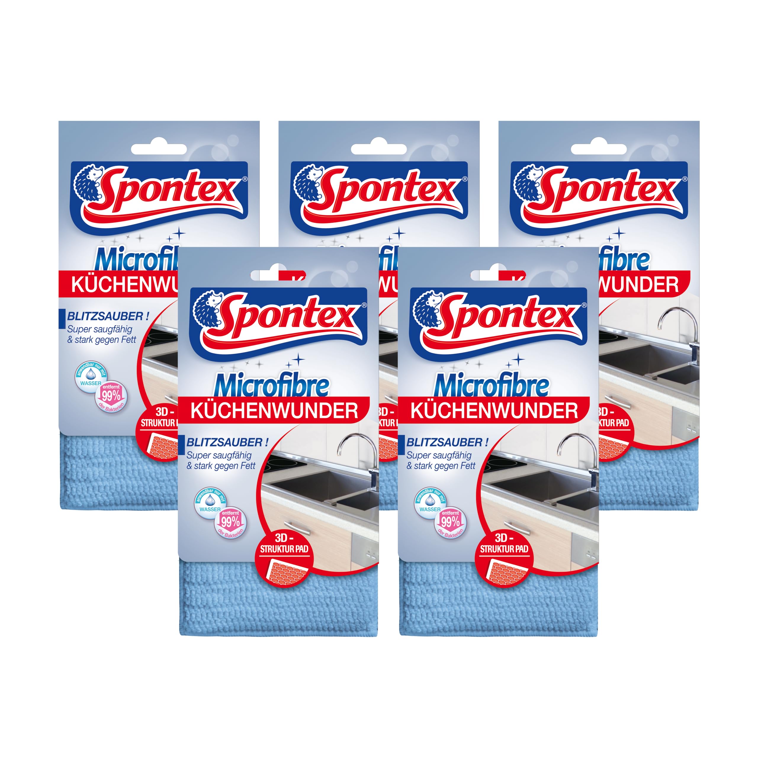 SpontexMicrofibre Kitchen Miracle, 3D Microfibre Pad with Sponge Core, Ideal for All Kitchen Surfaces, Efficient Against Dirt and Grease Residue, 5 x 1 Pack