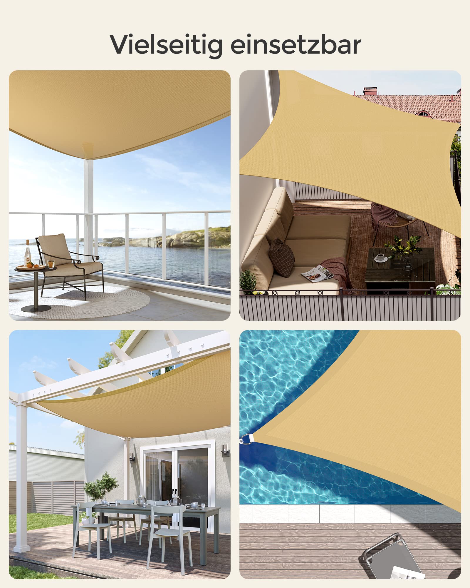 SONGMICS Sonnensegel 3 x 4 m, Sonnenschutz aus HDPE-Gewebe, luftdurchlässig, wasserdurchlässig, für Terrasse, Garten, Balkon, Camping, rechteckig, konkav, 2 m Seile, sandgelb GSS34EYV1