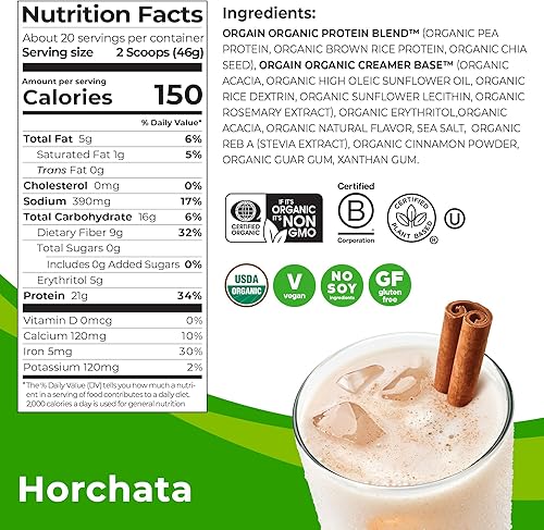 Miniatura 2 de Orgain - Proteína orgánica vegana en polvo, Horchata - 21g de proteína a base de plantas, 9g de fibra prebiótica, bajo en carbohidratos netos, sin