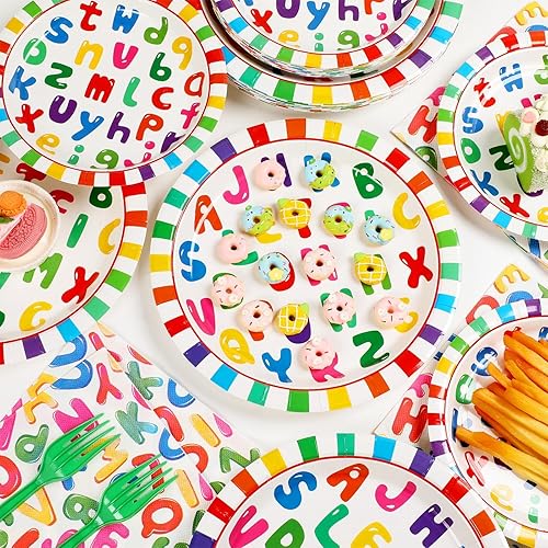 Miniatura 4 de OBUSATT 96 piezas de suministros educativos para fiestas de cumpleaños ABC, platos de papel de cumpleaños ABC, servilletas ABC, decoraciones de