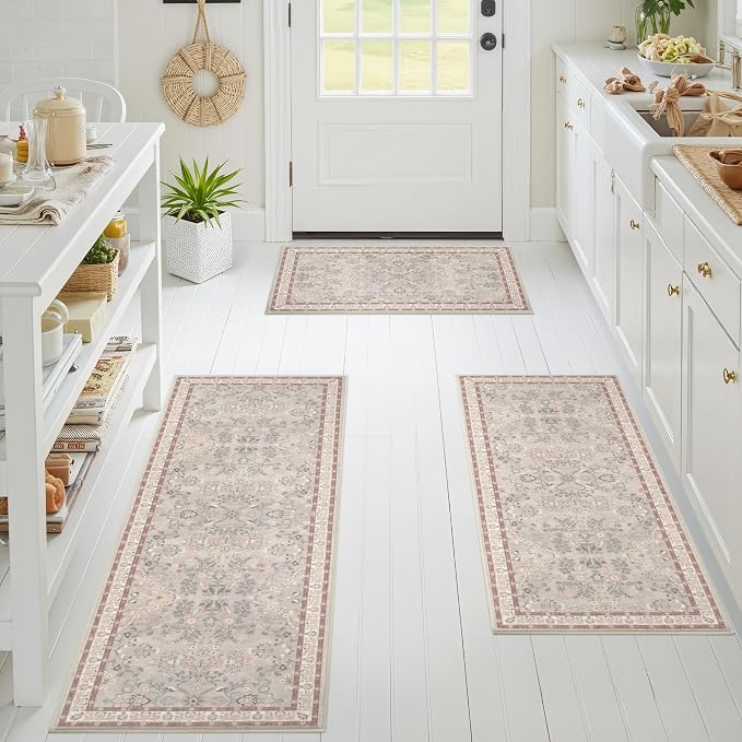GRANNY SAYS Boho Kitchen Rug Sets of 3, Non Slip Washable Faux Wool Kitchen Mats for Floor, Thick Soft Anti-Fatigue Comfort Standing Mat Runner Rugs for Hallway Laundry Room, Beige