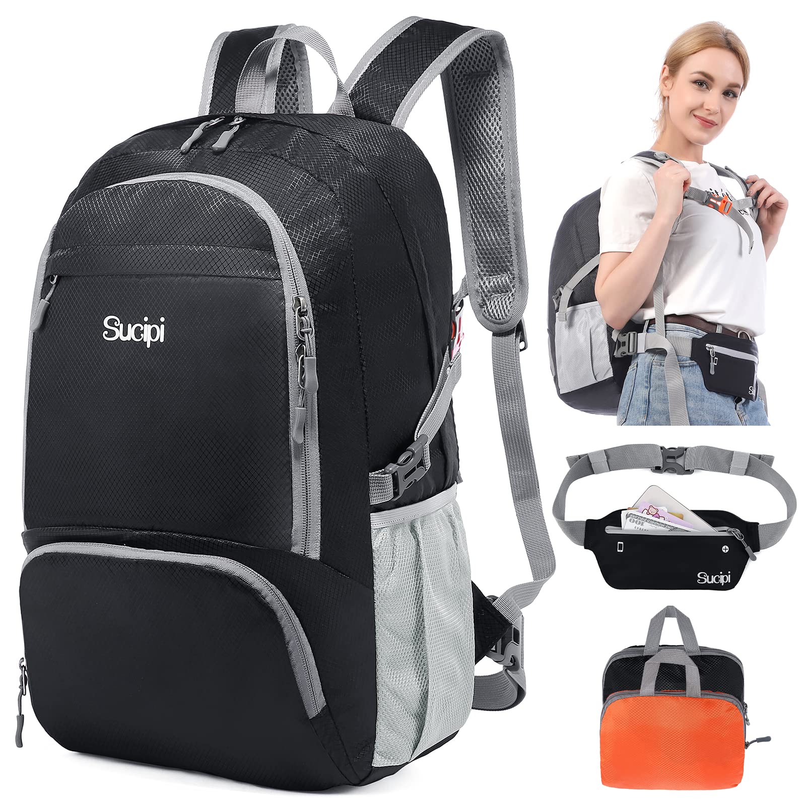 Sucipi 30L Lightweight Hiking Backpack with Match Running Fanny Pack for Women Men, Water Resistant Travel Packable Daypack