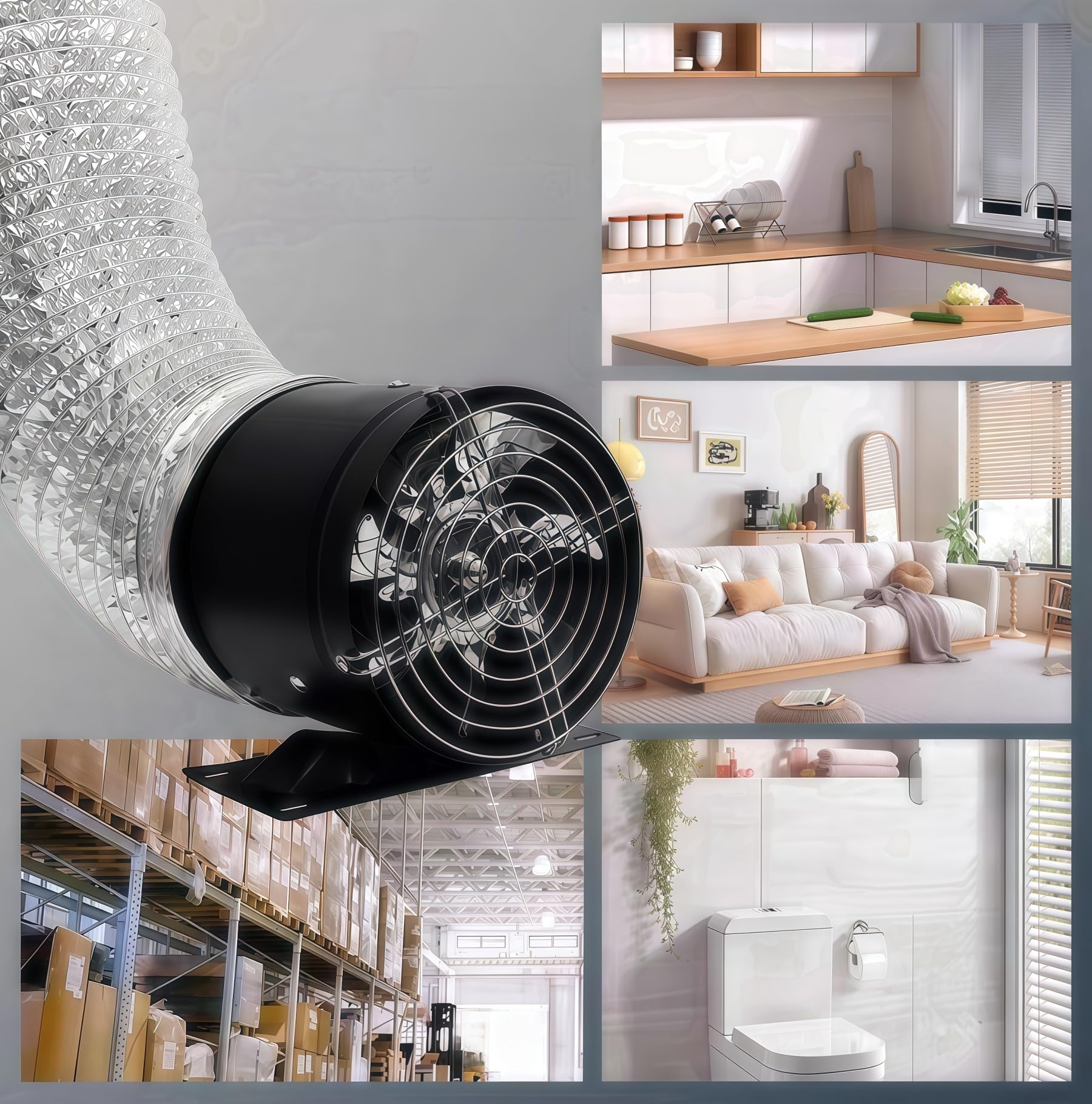 20,3 cm Inline-K-Ventilator, mit Schalter, geräuscharm, hoher Luftstrom, Abluftventilator aus Metall mit Halterung und Netz, für Keller, Garage, Dachboden, Küche (schwarz)