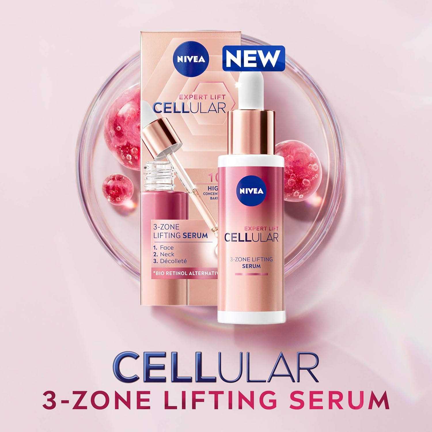 NIVEA Cellular Expert Lift 3‑Zone Facial Serum, Anti‑Aging Care with Bakuchiol Advanced Formula – Lightweight Cosmetic Skin Care Serum, 1.01 oz