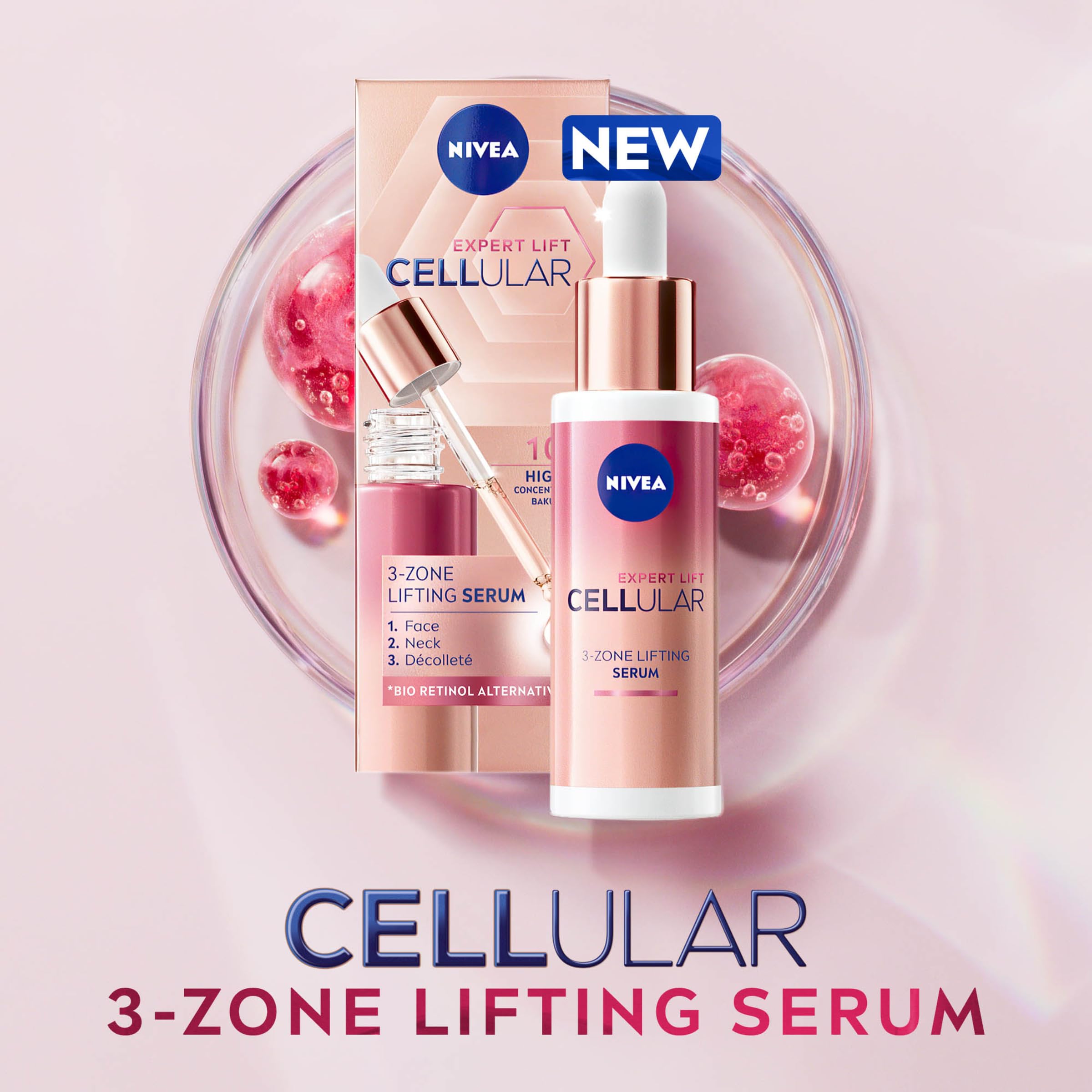 NIVEA Cellular Expert Lift Sérum lifting 3 zones pour le visage 30 ml, bakuchiol pur et acide hyaluronique, sérum raffermissant anti-rides, tous les types de peau