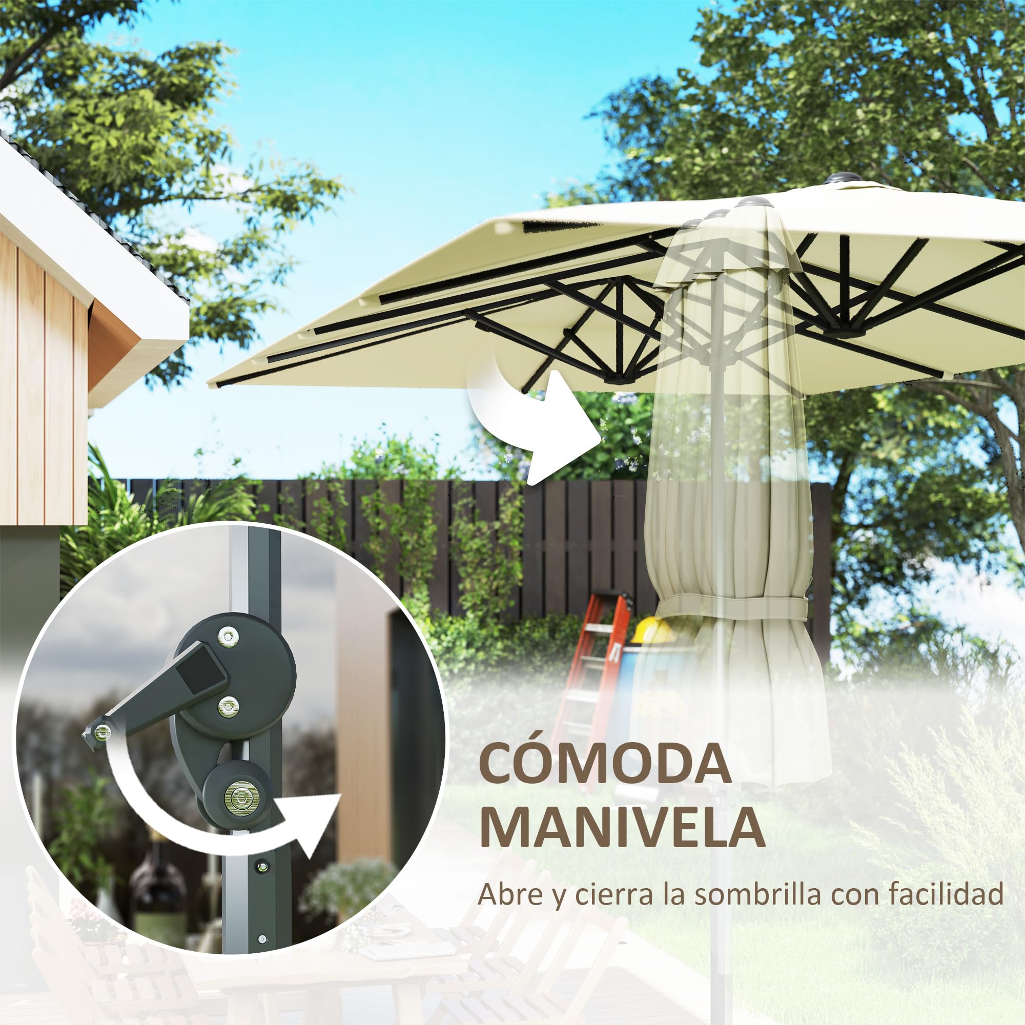 Outsunny Sombrilla Doble 4,5x2,6 m con Poste de Aluminio y Manivela Crema | Impermeable, Protección UV50+, Sombrilla Jardín Exterior, Parasol Grande para Playa Piscina Terraza